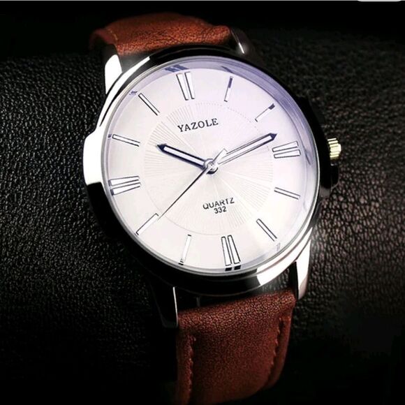 Yazole 332 Luxury Men's Business Quartz Watch Brown Leather Band 3 Hands Silver - Picture 2 of 10